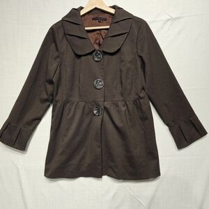 Andrea Behar Wool Blend Peplum Blazer Jacket Sz 10 Brown Scallop Collar USA Made